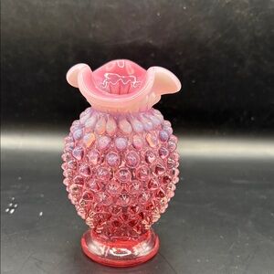 Fenton Cranberry Opalescent Hobnail 8 Crimped 4" Mini Vase Vintage